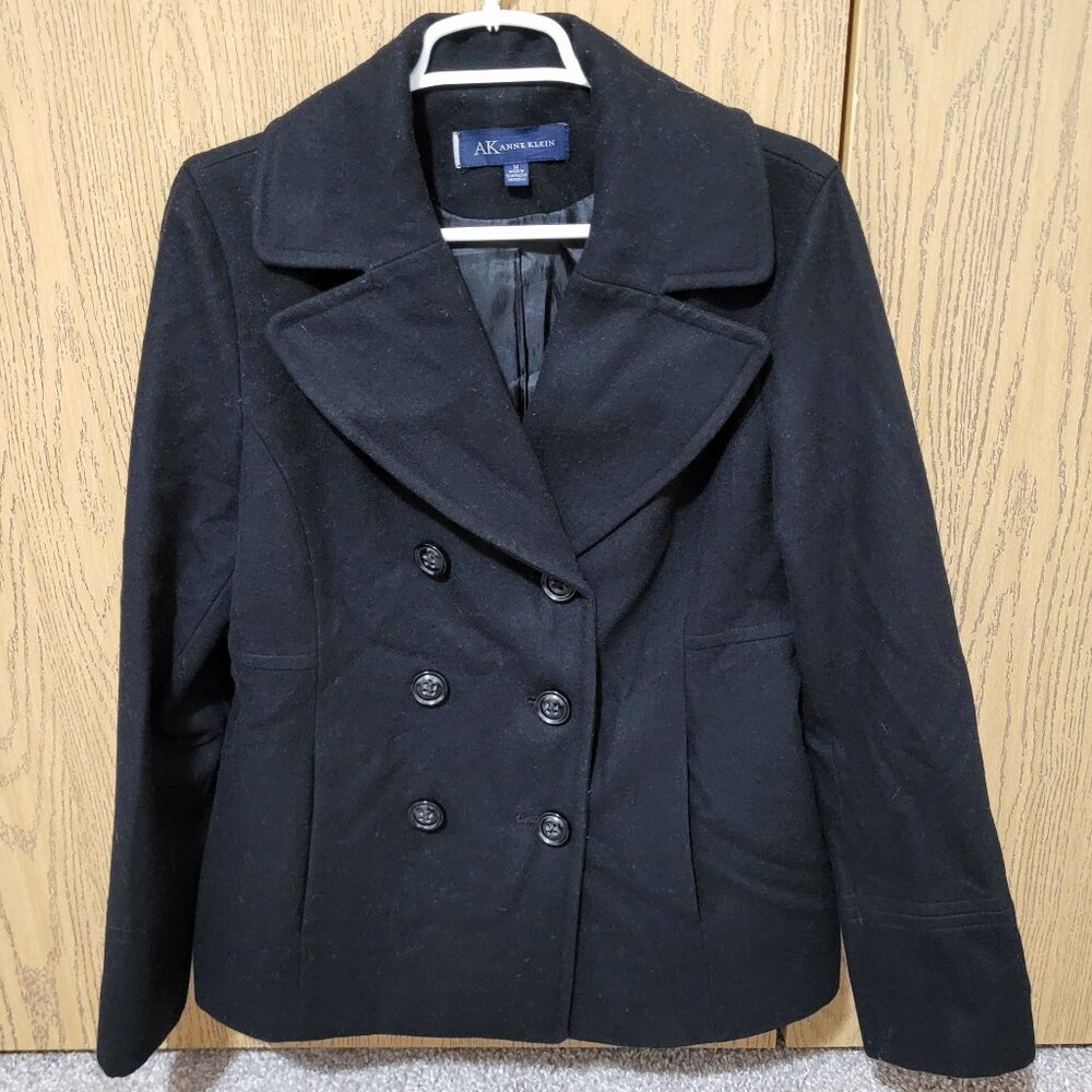 Anne Klein Double Breasted Black Wool Winter Pea Coat Pockets Size Medium